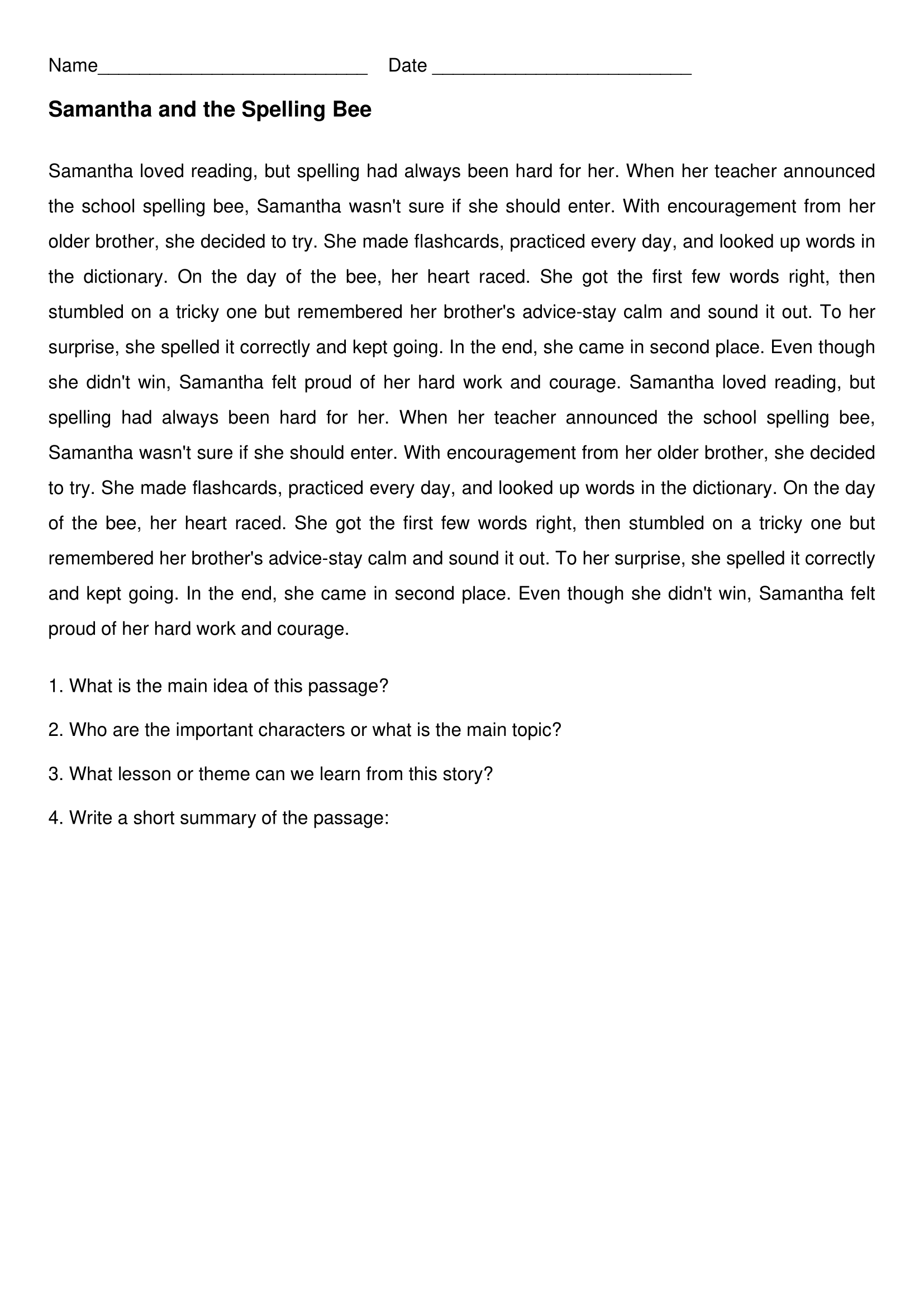 The Spelling Bee 4th Grade Reading Comprehension Worksheets